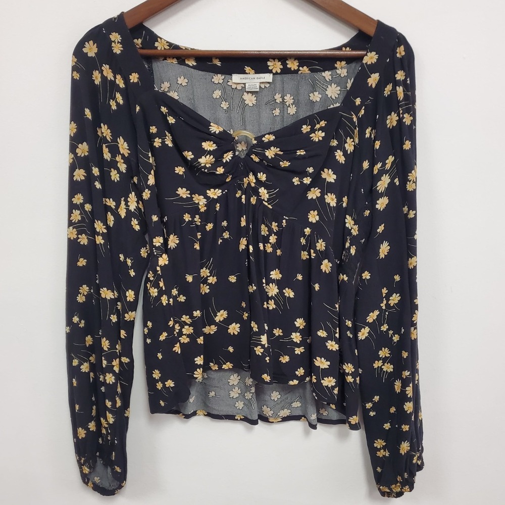 American Eagle Womens Y2K Micro Floral Babydoll Top Size M Black‎ Preppy Dainty